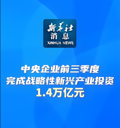 今年前三季度，中央企業(yè)在戰(zhàn)略性新興產(chǎn)業(yè)領(lǐng)域累計(jì)完成投資1.4萬億元，同比增長(zhǎng)17.6%